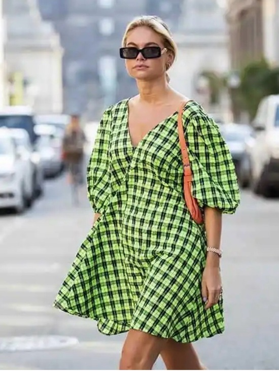 Ganni Dresses & Skirts - Ganni Neon Green Check Puff-Sleeve Mini Dress